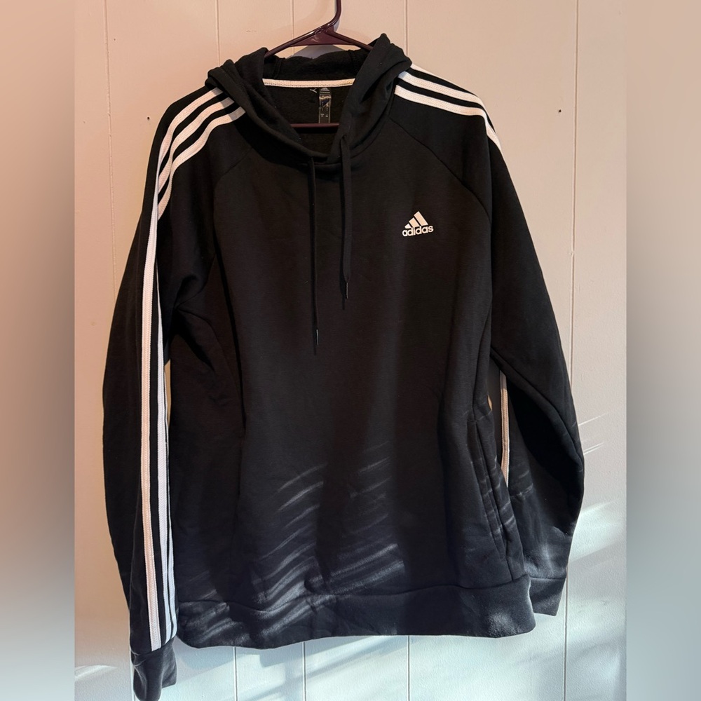 Adidas Men's Black Hoodie with Iconic White Accents